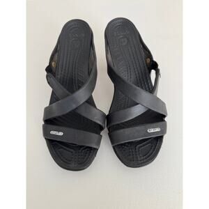 Crocs Womens Black Cyprus IV Strappy Heeled Sandal Size 8 Comfort Open Toe 14558